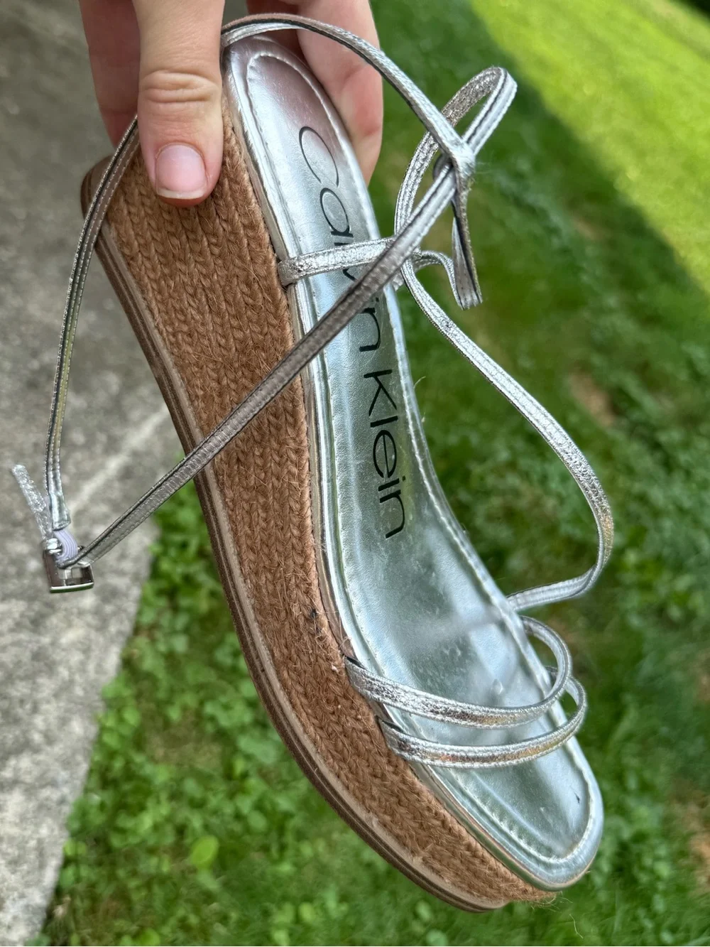 Calvin Klein Neve Metallic Silver Strappy Platform Wedge Espadrille Sandals 9.5M